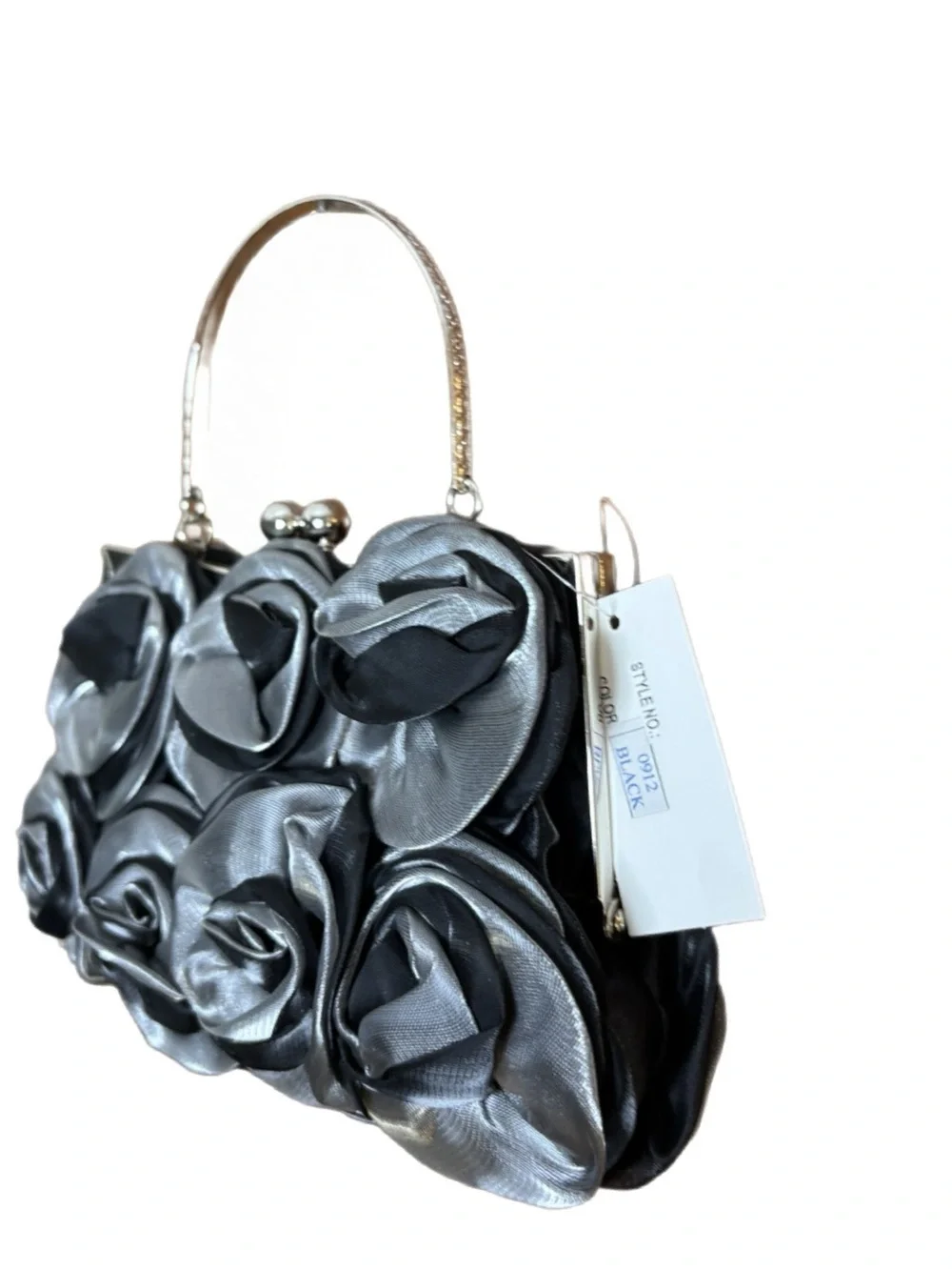 Helen Heart Gray Rosette Formal Evening Bag NWT Silver Handle Chain Strap - Picture 6 of 6